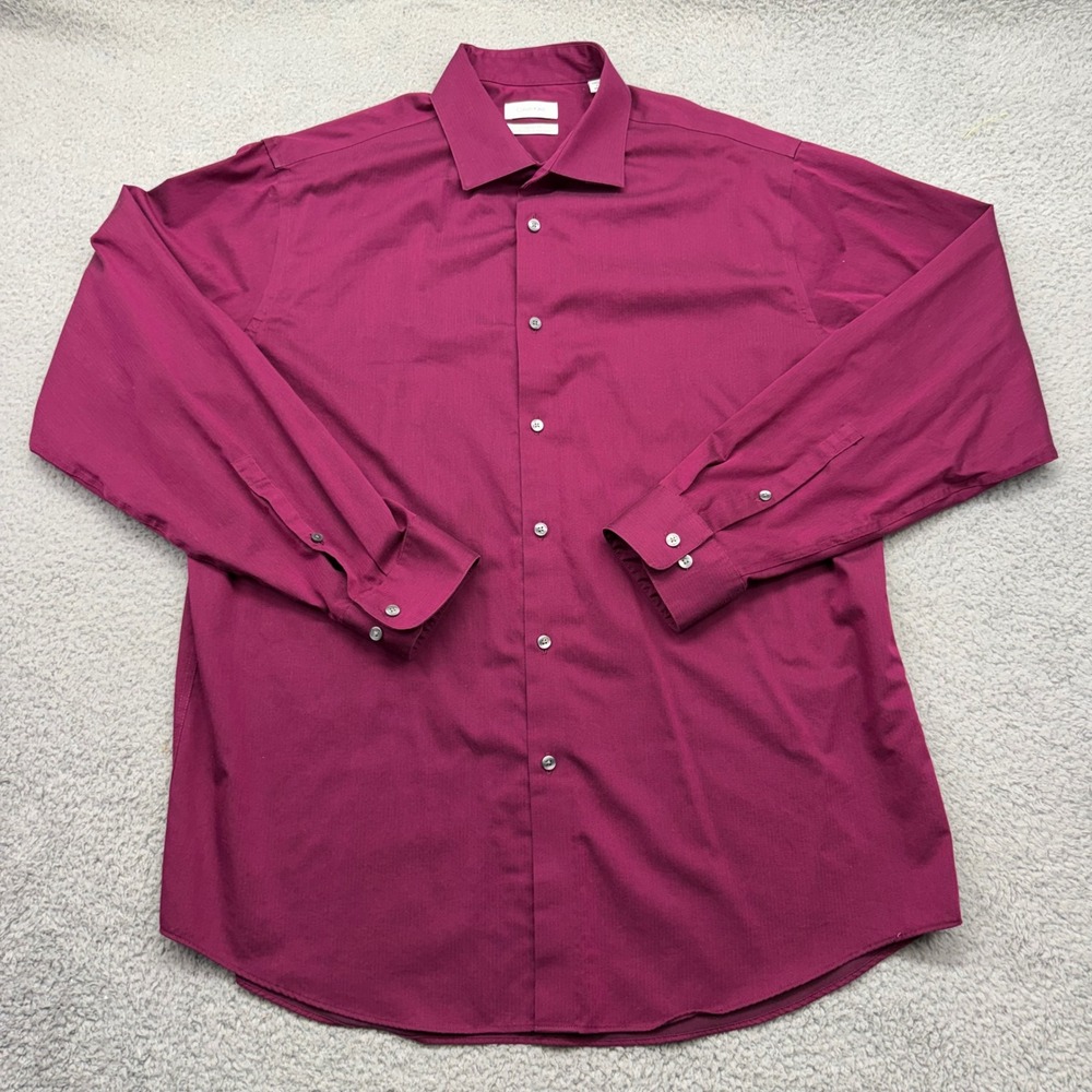 Calvin Klein 17 34/35 Mens Burgundy Performance Non-Iron Herringbone Dress Shirt